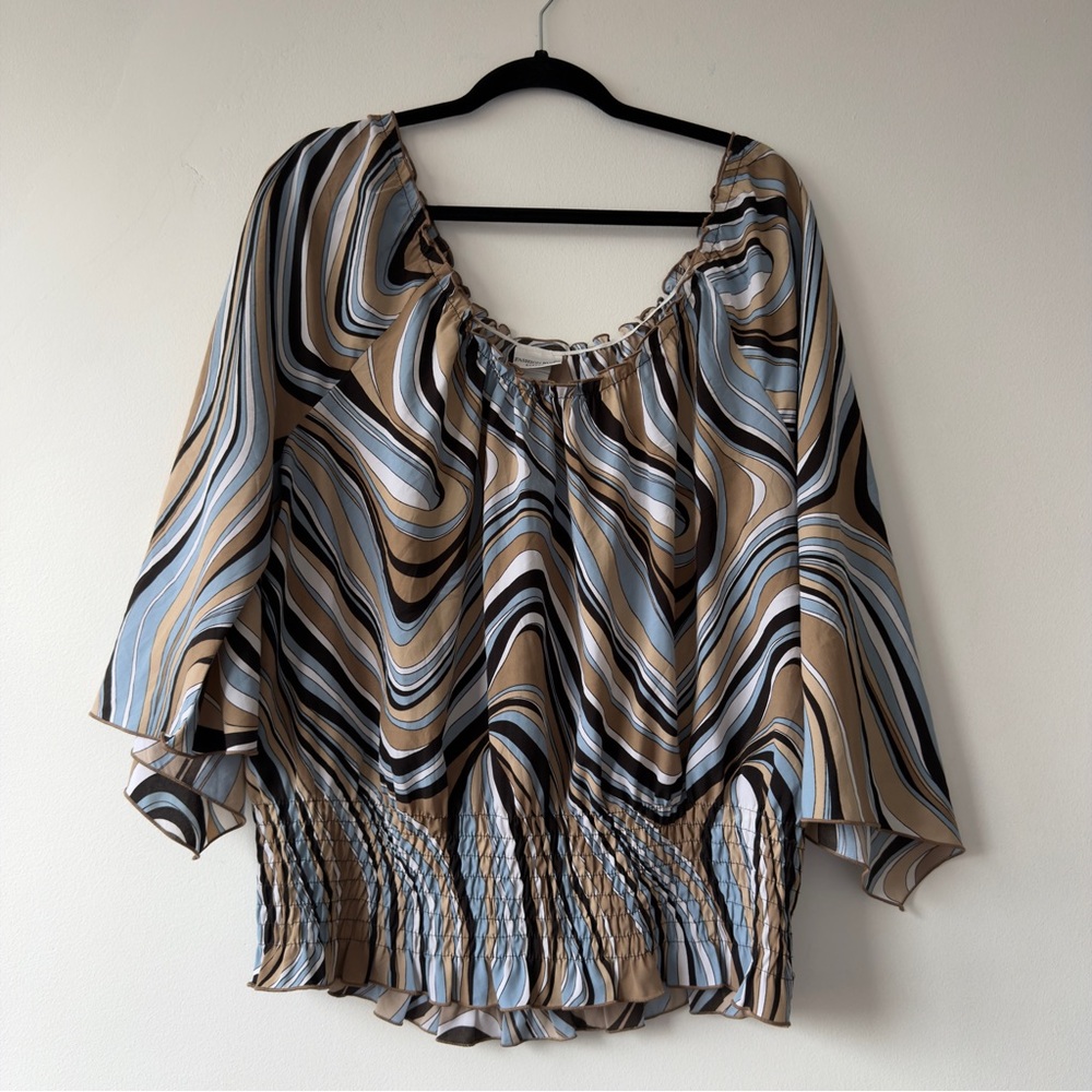 Wavy Stripe Smock-Waist Blouse in Blue & Tan Fashion Bug